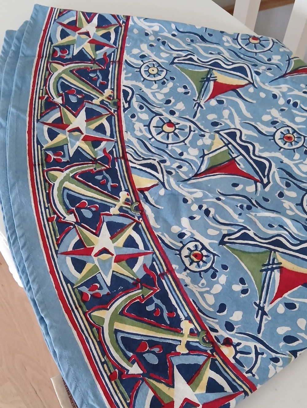 Vintage 2000 Red Blue Sailboat Tablecoth 68" Round 100% Cotton India